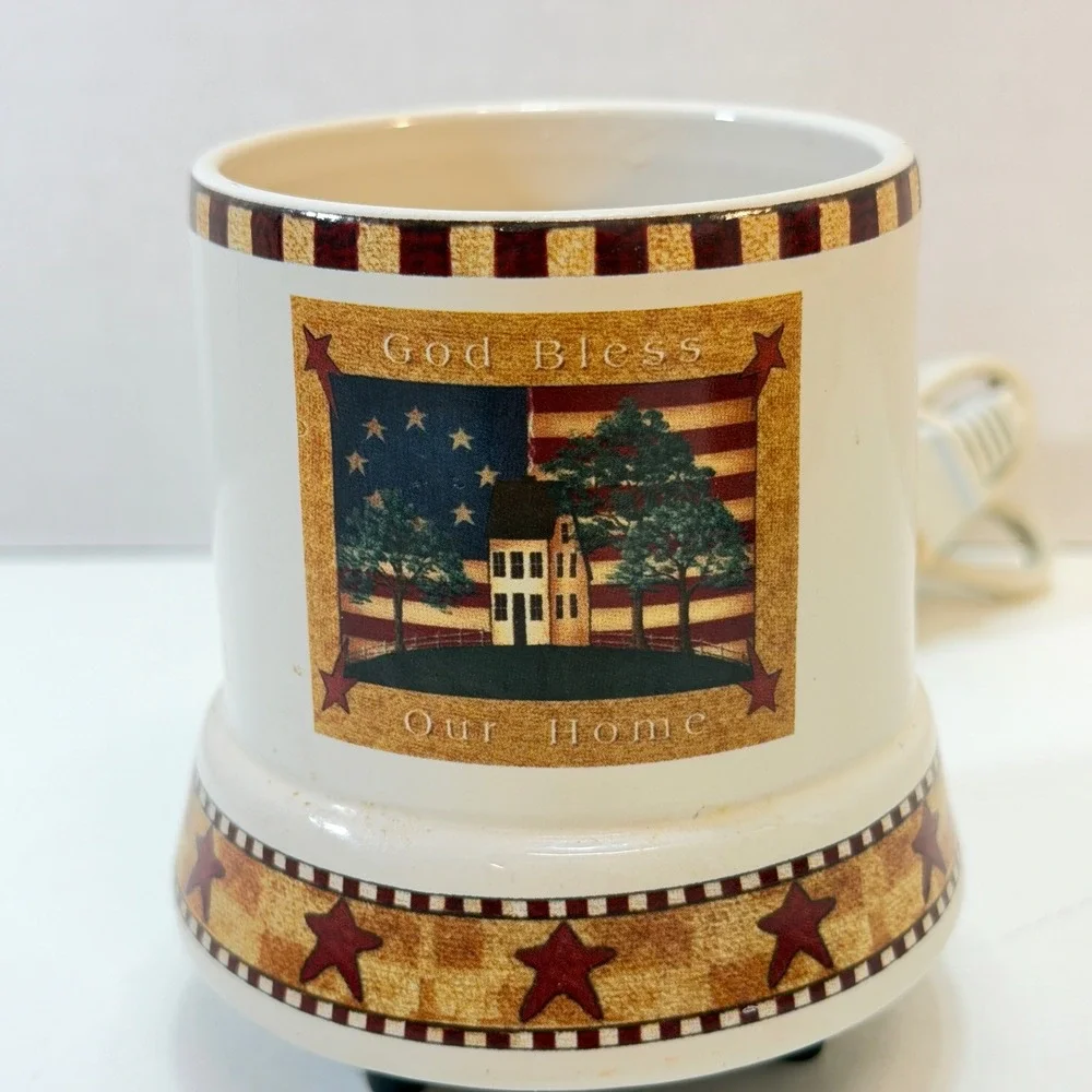 Candle Warmer Set Cream Americana God Bless Our Home 2pc Primative Farmhouse